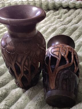 Vintage Elephant Hand-Carved Brown Wood Decorative Vases - Home Accents